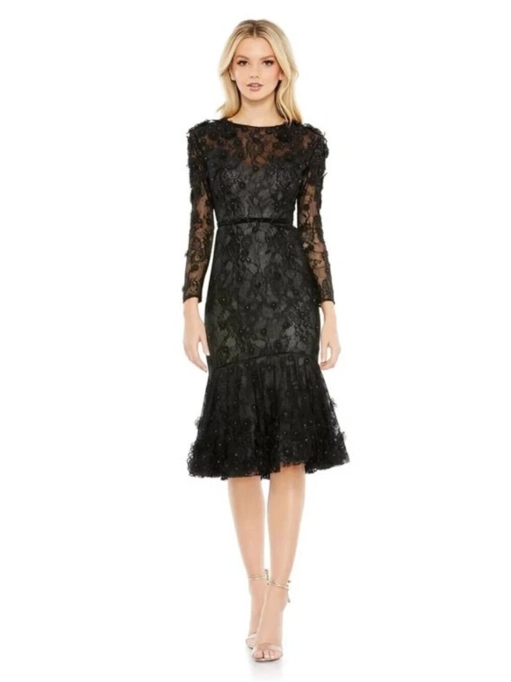 Mac Duggal Black Beaded Floral Appliqué Midi Sheath Dress